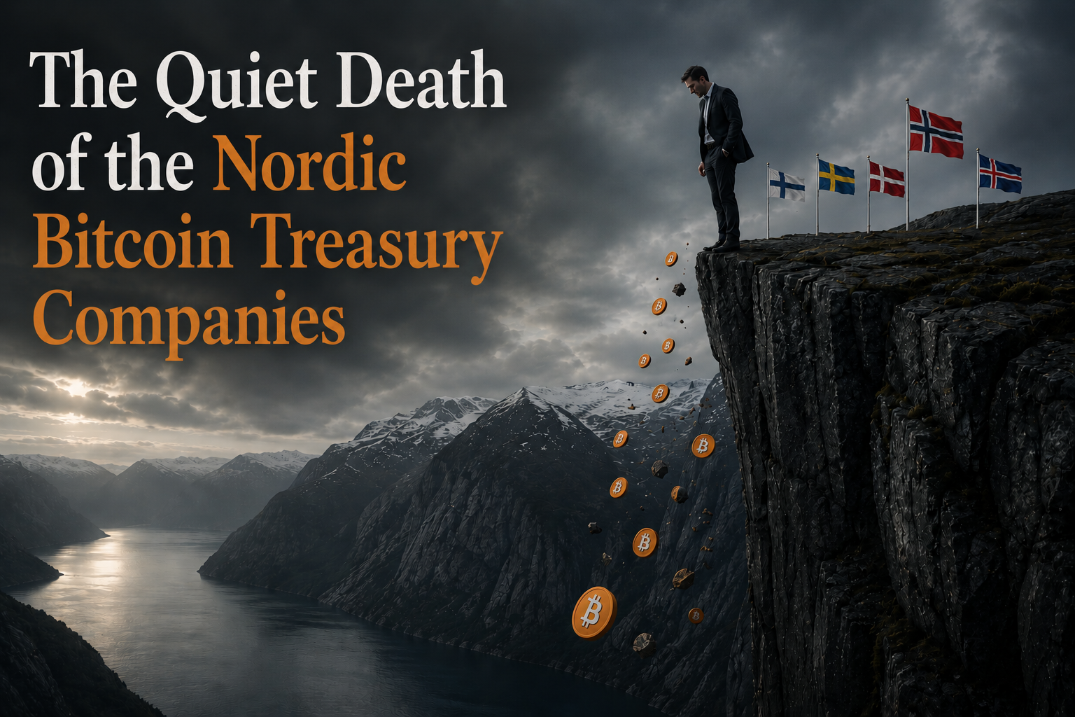 dark clouds, bitcoin falling off a cliff, man standing by a cliff, "The Quiet Death of the Nordic Bitcoin Treasury Companies"