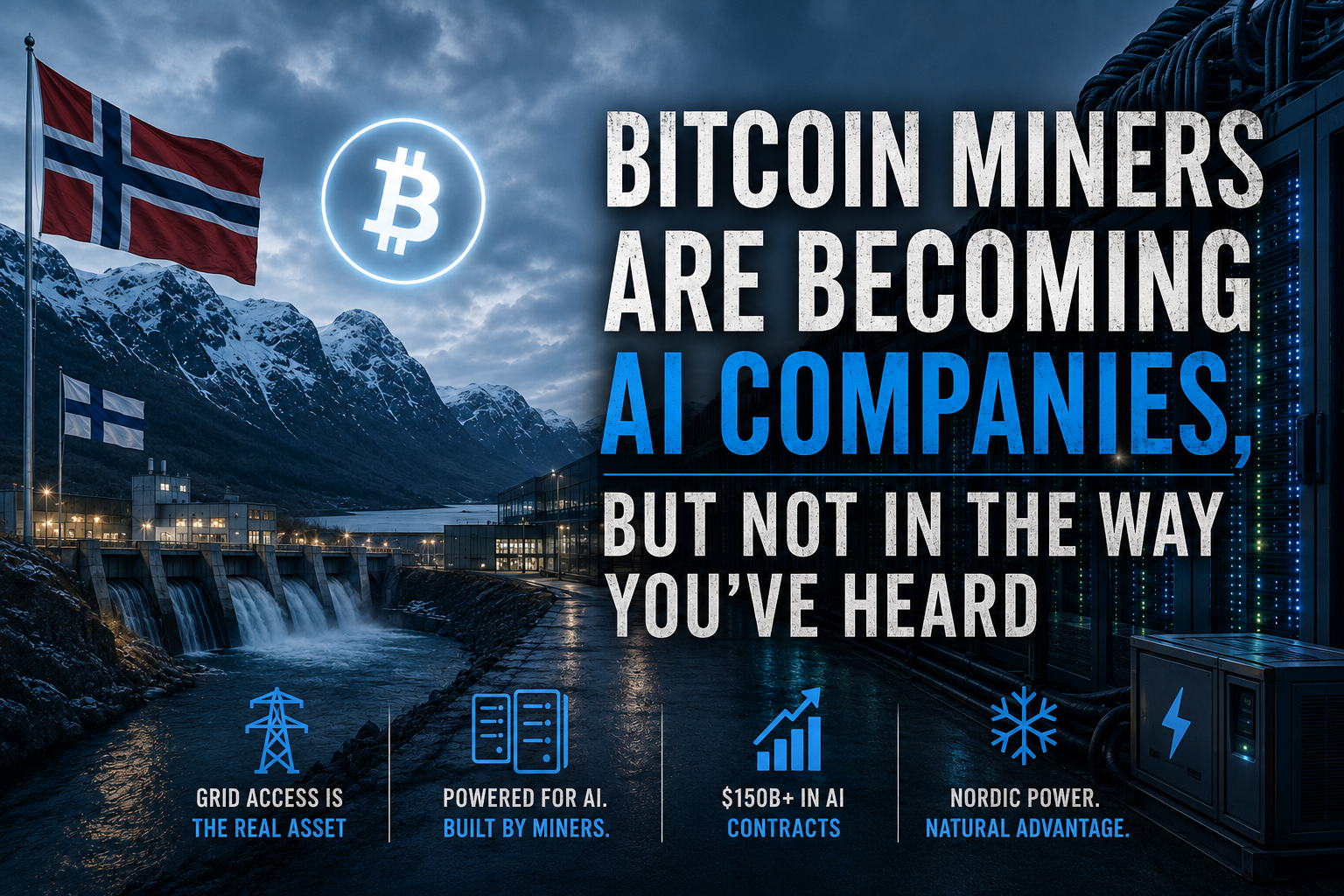 Cloudy Norwegian mountains, hydroplants, AI data center, "Bitcoin miners are becoming AI Companies, but not in the way you've heard"