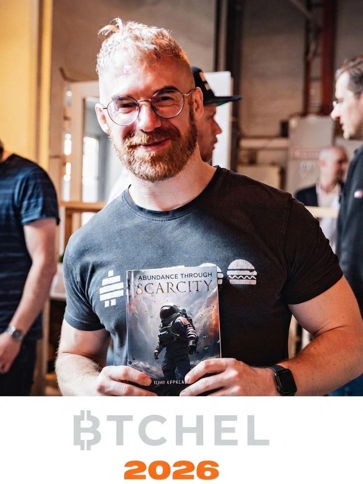 Ioni Appelberg holding his book Abundance Through Scarcity, with a BTCHEL 2026 logo underneath